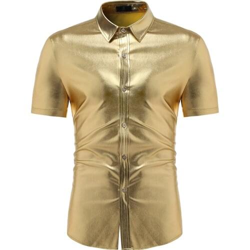 Night Club Wear Mens Dress Shirts Hipster Shiny Gold Coated Metallic Shirt Men Short Sleeve Button Down Shirt For Disco Party