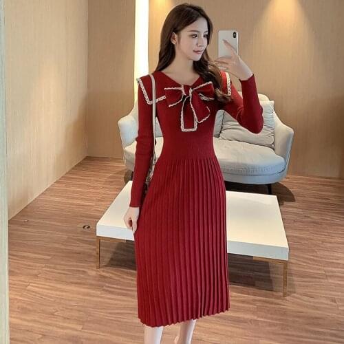 Autumn Winter Korean Womens Slim Elasticity Sweater Dress Elegant Temperament Korean Big Bow Draped Knit Dress Vestido