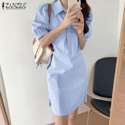 ZANZEA 2021 Vintage Solid Midi Dress Women Pleated Sundress Pockets Midi Vestidos Female Solid Robe Femme Clothing Summer Saias