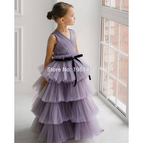 New Coming Tiered Tulle Princess Purple Dress Ankle -Length Sleeveless Custom Made Kids Prom Dress Ruffles Long Pageant Gowns