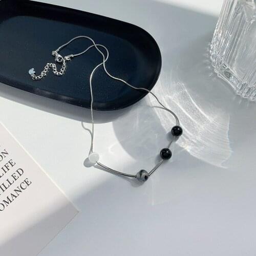 U-Magical Simple Stylish Silver Color Metal Chokers Necklace for Women Girls Asymmetric Black Round Bead Opals Necklace Jewelry