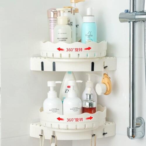 Punch Free 360 Degree Rotating Wall Corner Shelf With Hooks Bathroom Storage Rack Kitchen Spice Holder Shampoo Towel Organizer