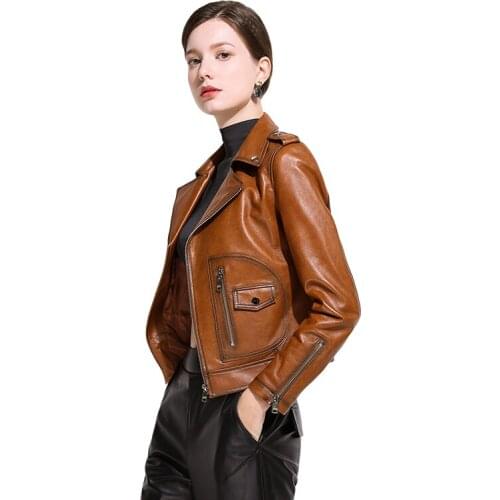 Spring Autumn Short Motrocycle Slim Coat Sheepskin Genuine Leather Jacket Women Clothes 2020 YY983