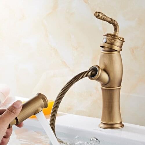 Pull Out Basin Faucets Bathroom Sink Mixer Deck Mount Toilet Washbasin Mixer Flexible Vessel Sink Taps Antique Carving