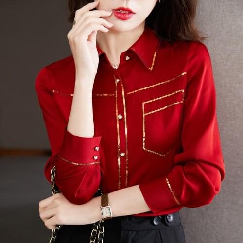 Red Long-Sleeved Sequins Clothes 2021 Oversize Spring Summer Style Autumn Feminina WomenS Top Blouse Fashion