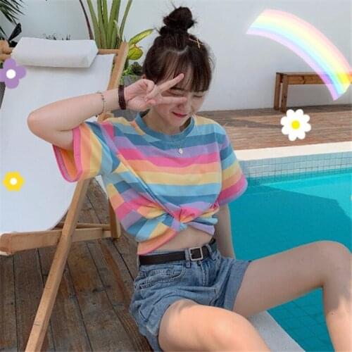 Sweet Rainbow Stripe Women Summer T-Shirt Minimalist Short Sleeve Women Girl Clothes Vogue Tops tee Shirt Clothes