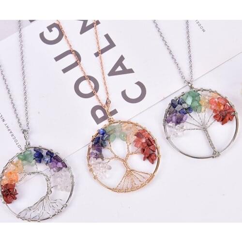 7 Chakra Quartz Natural Stone Tree of Life pendulum Pendant Necklace for Women Healing Crystal Necklaces Pendants Reiki Jewelry
