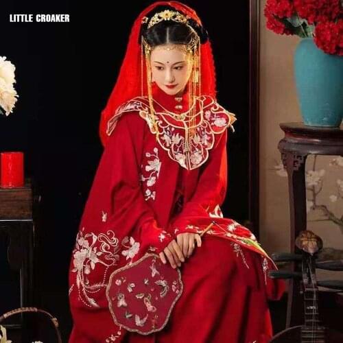 Luxury Ancient Royal Red Ancient Ming Dynasty Hanfu Bride Embroidery Women Oriental Dragon Phoenix Traditional Wedding Clothes