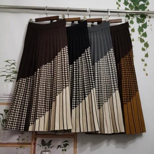 2021 Autumn Winter Knitted Skirt Women High Waist Stitching Mid-length Pleated Elegant Large Swing Thick Plaid Wool Skirt Female