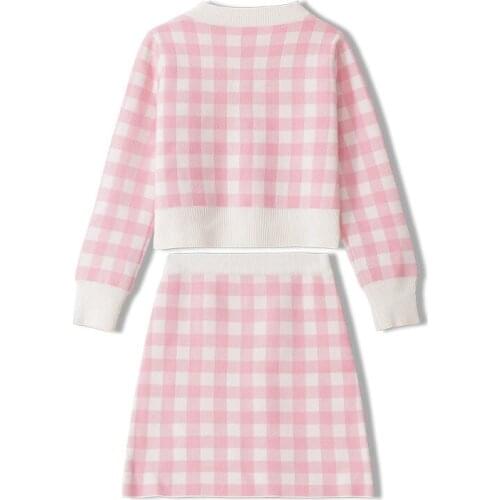 Fall Winter Knitted Sweater + Skirt Sets Women Plaid O-Neck Long Sleeve Knitted Jacket High Street Pink Cardigan + Skirt Outfits