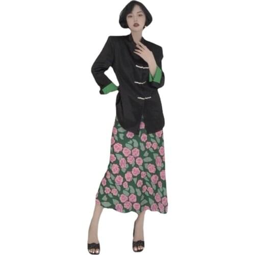 Stand Collar Black Long Suit Blazer Two Piece Set Women Skirt High Waist Vintage Long Printing Skirts Women Dresses New 2021