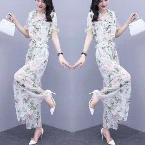 Womens Fashion Party Suit 2021 Summer New Chiffon Print Short Sleeve Crop Top Wide Leg Long Pants Two Piece Set Women Clothing