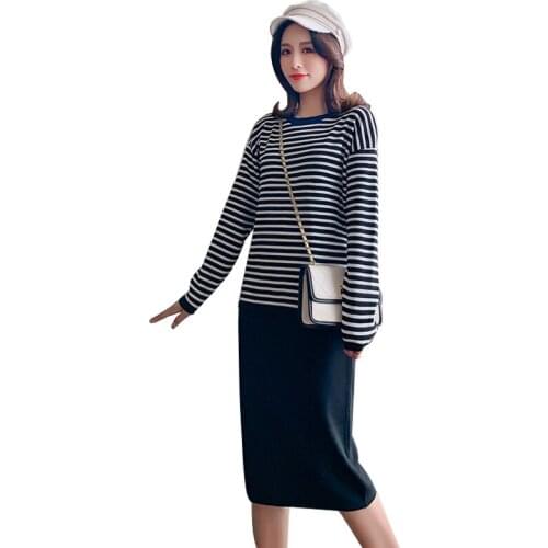 Pregnancy Winter Sets Maternity Set Clothes Nursing Sweater Stripe Nursing Tops and High Waist Skirt Two-Piece Suit Plus Size