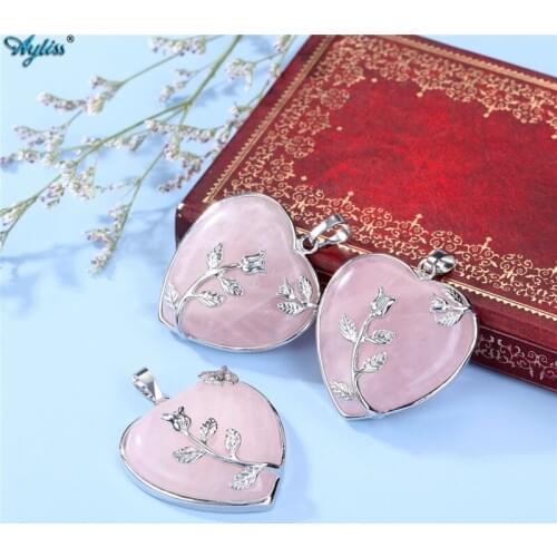 Ayliss 1pc Natural Stone Charm Pendants Pink Quartz Gem Stone Heart Pendant Bead for DIY Jewelry SP Making (Natural Pink Quartz)