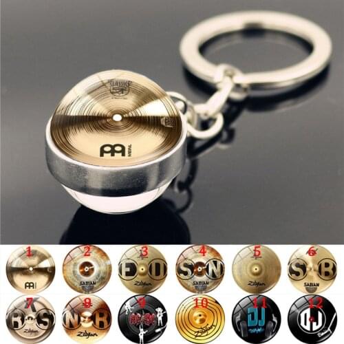 DJ Drummer Cymbals Keychain Charms Jewelry Fashion Double Side Glass Ball Pendant Car KeyChain Key Ring Holder Men Women Gifts