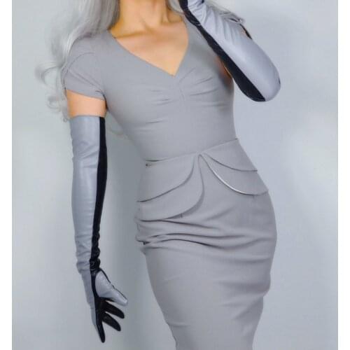 Touchscreen Sesitive Long Gloves 60cm PU Faux Leather Imitation Sheepskin Black Light Grey Two Tone Women Leather Gloves WPU281