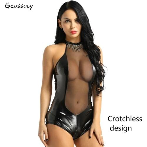 Erotic Sexy Crotchless Latex Bodysuit mesh Lingerie Breast Exposing Transparent Through Catsuit Leather Open Crotch plus size