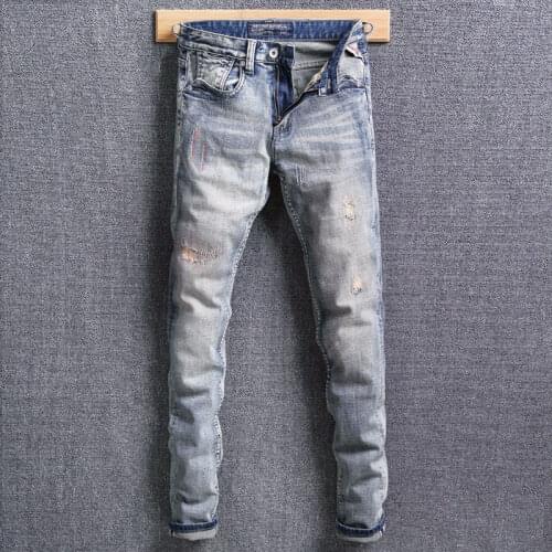 European Street Fashion Men Jeans Retro Blue Embroidery Designer Slim Fit Ripped Jeans Men Vintage Casual Cotton Denim Pants