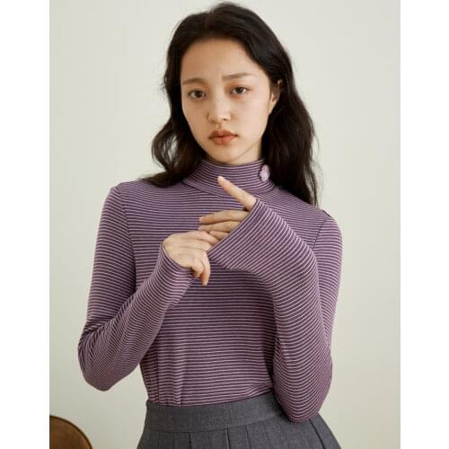 INMAN Winter Stripe Relax Art High Collar Hooded Slim Embroidered Long Sleeve Bottomed Womens T-shirt