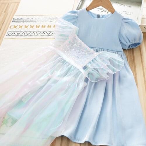 Girls clothing sets wholesale summer new baby girl blue cotton and sequin sleeveless dress 2pcs suits children set