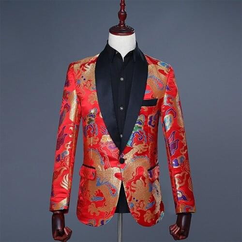 Chinese Style Suit Mens Blazer Jacket Groom Wedding Tang Suit Red Satin Stage Costumes For Male Singer Men Blazer Slim Fit SL168