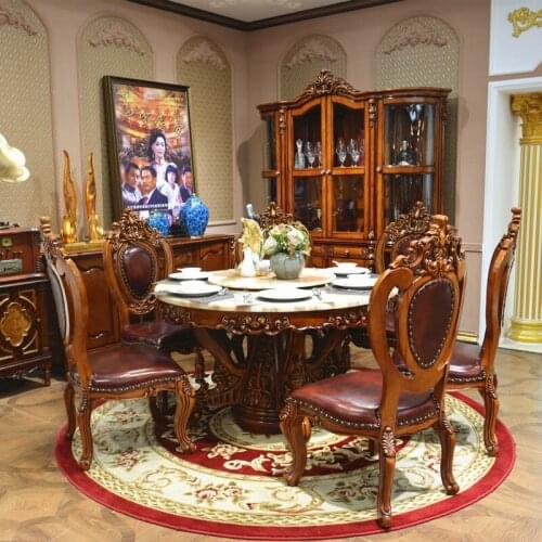 European-style Round Table Solid Wood Villa Luxury Dining Table Antique Dark Villa High-end Rotating with Turntable
