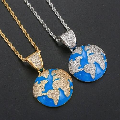 Micro Cubic Zircon Blue Earth Pendant Hip Hop Popular Gold Silver Color For Mens Necklect Gift
