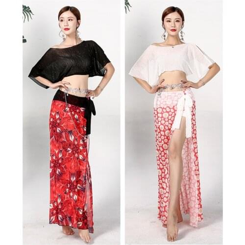Summer new belly dance clothes sexy top + printed skirt oriental dance practice clothes women split suit