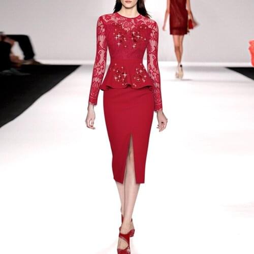 Fashion Runway 2021 Autumn Dress Women Red Orange Red Lace Ruffles Beading Crystal High Quality Elegant Dresses