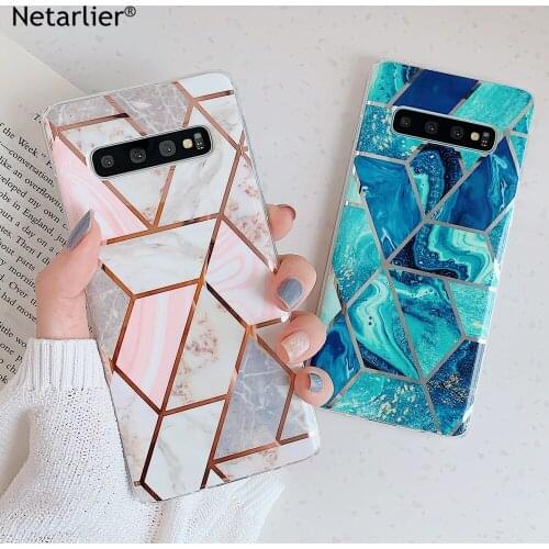 Netarlier Fashion Case For Samsung Galaxy A40 A50 A70 Marble Case Chrome Blue White Splicing Marble Glossy IMD Phone Back Cover