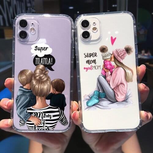PUNQZY Fashion MaMa Of Girl Boy Mom Baby Cute Phone Case For iPhone 12 PRO XR 7 8 Plus 11PRO XS MAX SE 2020 Soft TPU Phone Cover