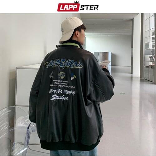 LAPPSTER Men Embroidery Harajuku Faux Leather Jacket 2021 Mens Oversized Japanese Streetwear Leather Jacet Male Kpop Fur Coats