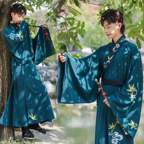Men Blue Bamboo Embroidery Hanfu Robes Traditional Chinese Style Clothing Elegant Dress Gown Knight Han Dynasty Cosplay Costume