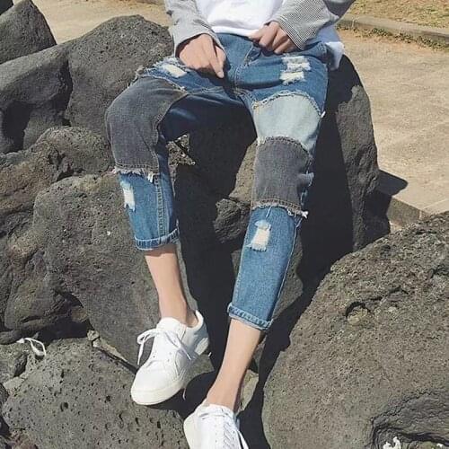 2021 Summer Mens Fashion Trend Blue Color Jeans Holes Patch Cloth Slim Fit Trendy Casual Pants Nice Popular Trousers