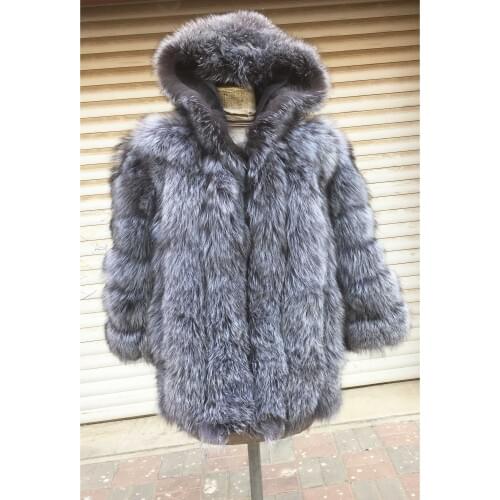Linhaoshengyue Real Silver Fox Fur Coat for Women Winter Warm 70cmlong 60cm Sleeve