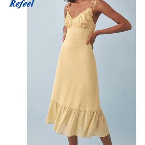 Sexy sling yellow midi dress women v neck sleeveless A-line lining long summer dresses mujer chiffon femme vestidos