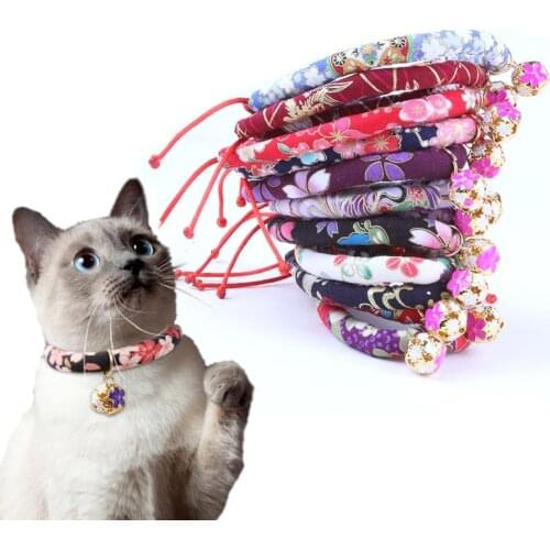Handmade Adjustable Pets Cat Collars Japanese Style Soft Puppy Cats Necklace With Bell Cute Printed Pet Collar Accessories