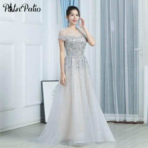 Luxury Heavy Handmade Beaded Women Evening Gowns Elegant O-neck Floor-length Silver Long Formal Dresses