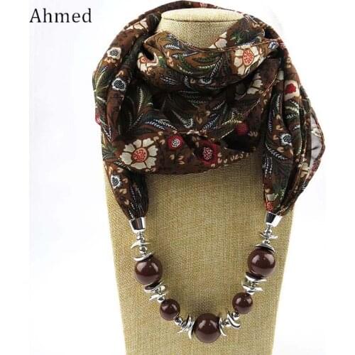 Ahmed Muslim Beads Flowers Pendant Scarf Necklace For Women Fashion Printing Scarves New Bijoux Statement Collar Jewelry