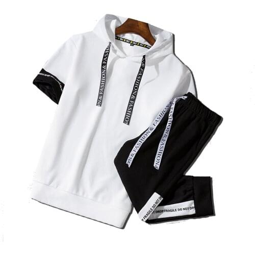 Summer Mens Sets Short Sleeve Print Tracksuit Male Sportswear Casual Hooded Tops Lacing Shorts Men Gym Quick Dry Jogging Suits