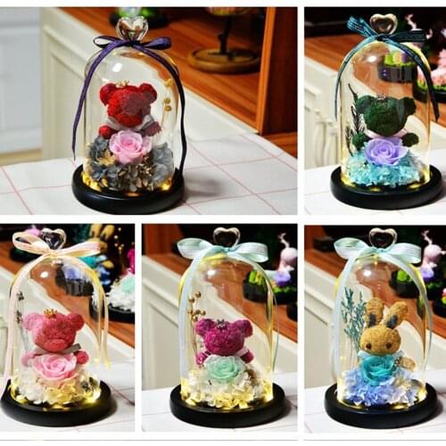 Glass Cover Mini Flower Bear Rose With Light Diy Dried Flower Preserved Flower Romantic Valentines Day Gift