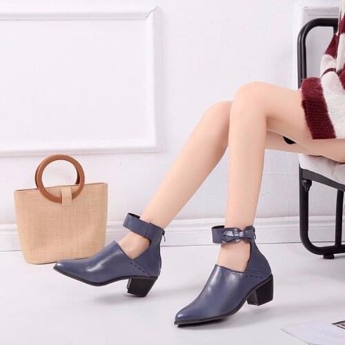 2021 Women Cut Out Booties Buckle Strap Back Zipper Leather Stitch Ankle Casual Boots Female Shoes calzado mujer