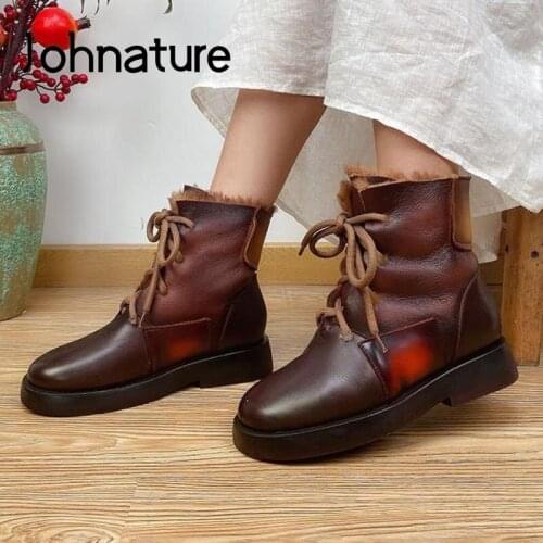 Johnature Wool Women Boots Warm Ladies Shoes Genuine Leather 2020 New Winter Lace-Up Mixed Colors Handmade Ankle Platform Boots