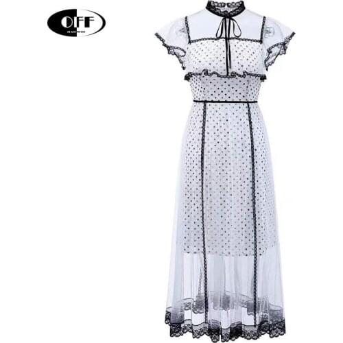 Japanese chic polka dot midi long dresses for women summer lace up mesh white party evening fairycone tulle dress vestidos mujer