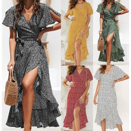 Newest Hot Women Boho Long Maxi Summer Ruffles V-Neck Comfy Ankle-Length Irregular Wrap Women Dress for Summer