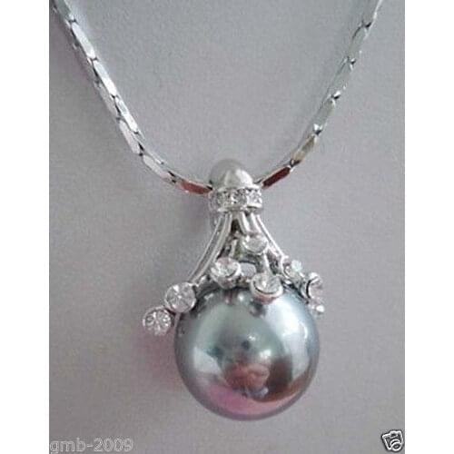 14MM Natural Gray South Sea Shell Pearl Crystal 18KGP Round Pendant Necklace