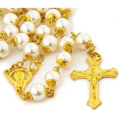 8mm Religious Cross Pendant Rosary Necklace Jewelry Jesus Christ Choker White Pearl Catholic Chian 2021 New Fashion