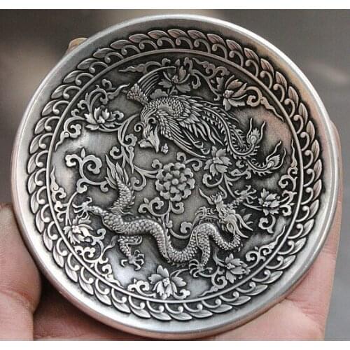 Decoration bronze factory outlets Tibet Silver Marked Chinese Dynasty Miao Silver Dragon phoenix peony Statue Dish Tray Plate