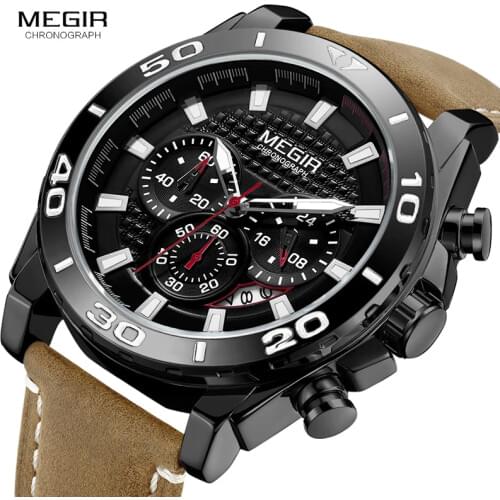 MEGIR Mens Leather Strap Army Sports Quartz Watches Waterproof Luminous Chronograph Wristwatch Man Relogios Clock 2094 Black