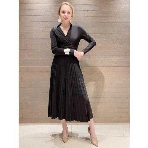 2021 Luxury Design Knitted Elastic Fabric V neck Elegant Cocktail Office Style Midi Black Dress